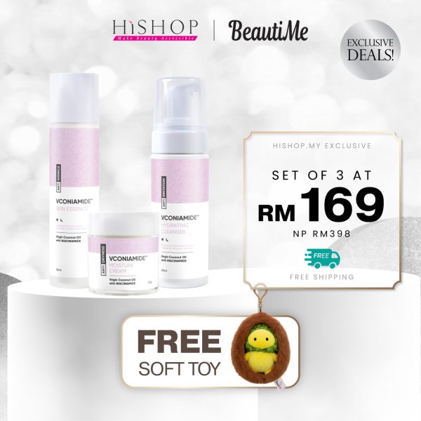 [Hishop Exclusive] BeautiMe VCONIAMIDE™ Skincare Set 3 in 1 Hydrating Cleanser, Skin Essence, and Moisture Cream (Free Durinino & Cococasa Charm Plushie)