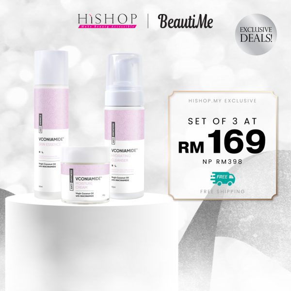 [Hishop Exclusive] BeautiMe VCONIAMIDE™ Skincare Set 3 in 1 Hydrating Cleanser, Skin Essence, and Moisture Cream (Free Durinino & Cococasa Charm Plushie)